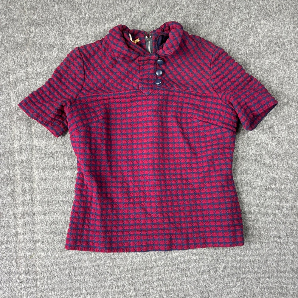Vintage 50s Fischer  Houndstooth Knit Top Burgundy Navy Mock Neck XS